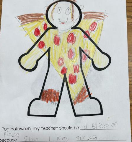 For Halloween, my teacher should be pizza because she likes pizza.