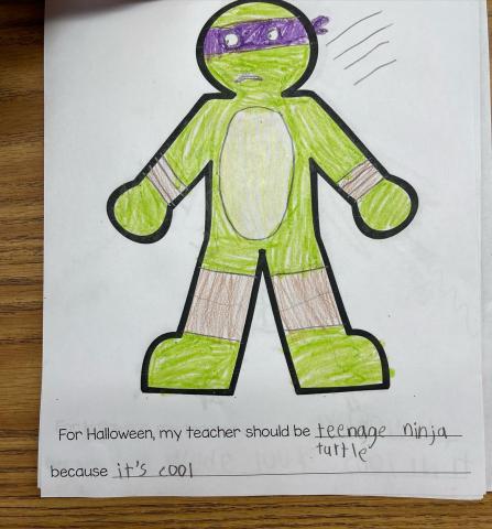 For Halloween, my teacher should be a teenage mutant ninja turtle because its cool