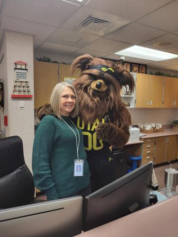 Mrs. Howell with the Jazz bear